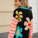 Large Black Flower Print Stripe Sleeve Sweater