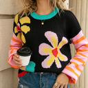 Large Black Flower Print Stripe Sleeve Sweater