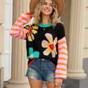 Large Black Flower Print Stripe Sleeve Sweater