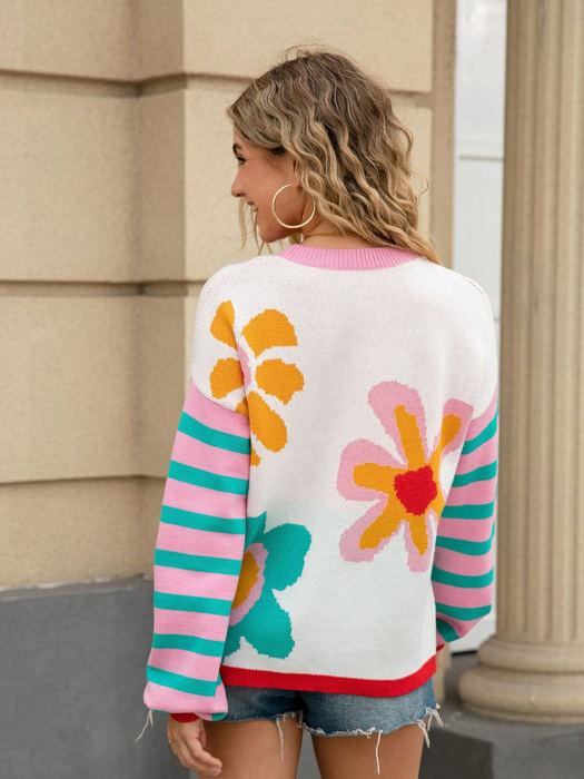 Flower Print Stripe Sleeve Sweater
