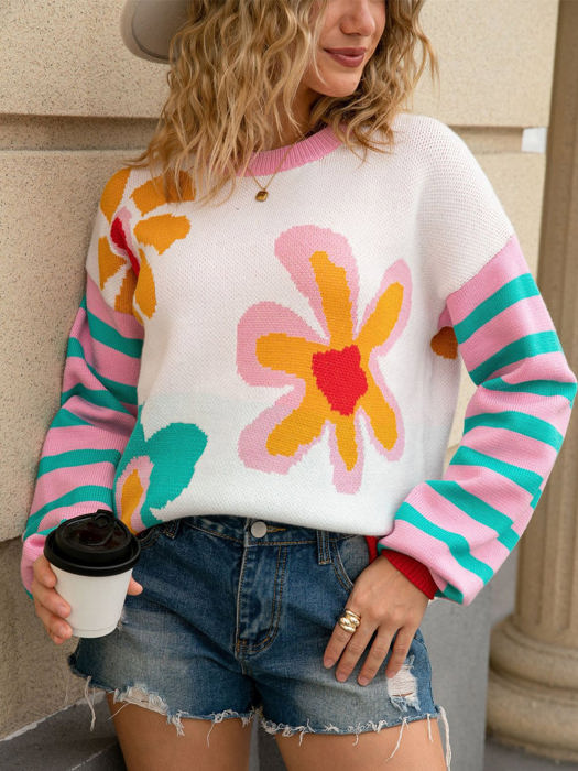 Flower Print Stripe Sleeve Sweater
