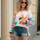 Medium White Flower Print Stripe Sleeve Sweater