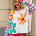 Small White Flower Print Stripe Sleeve Sweater