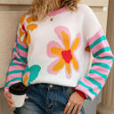 Small White Flower Print Stripe Sleeve Sweater