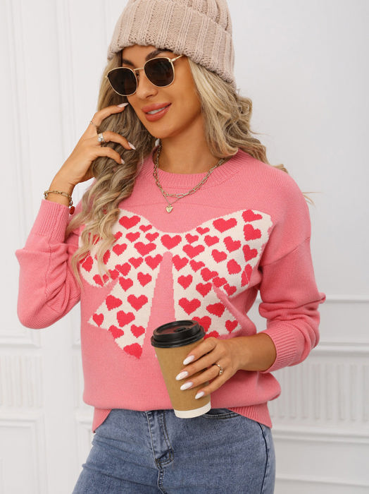 Heart Pattern Filled Bow Sweater
