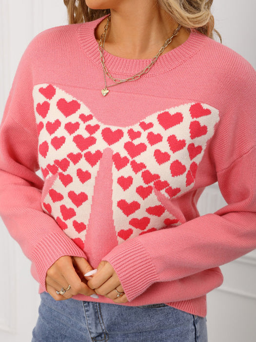 Heart Pattern Filled Bow Sweater