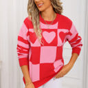 Large Red Heart Checker & Stripe Sweater