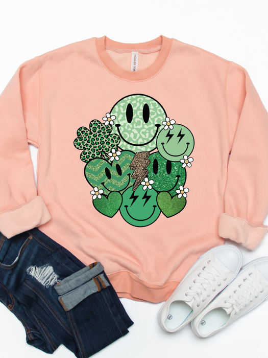 Smiley Clover Graphic Sweatshirt - St. Patricks Day