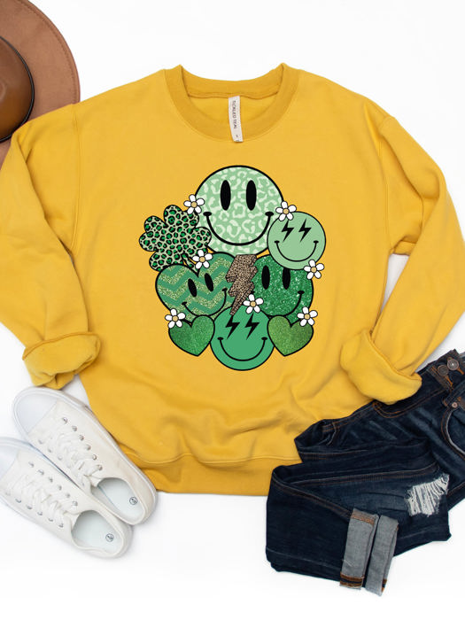 Smiley Clover Graphic Sweatshirt - St. Patricks Day