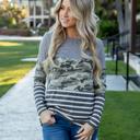 Gray Small Stripe and Camo Colorblock Top