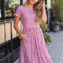 Large Floral Berry Pink Gathered Waist Side Pocket Penelope Dress