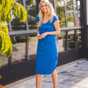 Large Blue Scoop Hem Midi Pocket Dress