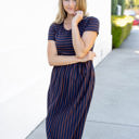 Large Navy Striped Midi Pocket Dress