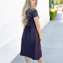 Large Navy Striped Midi Pocket Dress