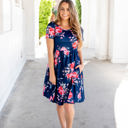 Large Navy Gathered Waist Floral Grace Dress