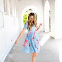 Large Light Blue Gathered Waist Floral Grace Dress