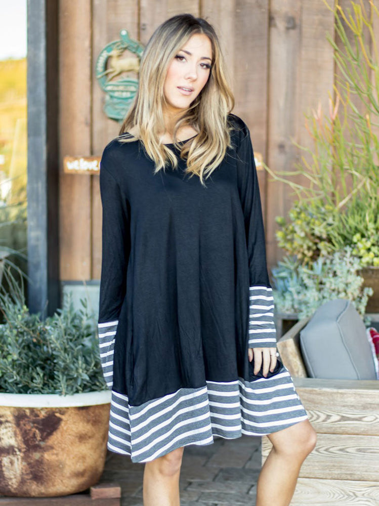 Long Sleeve Stripe Hem Rosa Dress