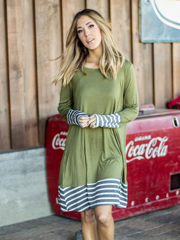 Long Sleeve Stripe Hem Rosa Dress