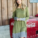 Medium Olive Green Long Sleeve Stripe Hem Rosa Dress