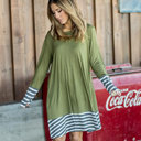 Medium Olive Green Long Sleeve Stripe Hem Rosa Dress