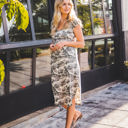 Large Green Camo Patterned Scoop Hem Midi Pocket Dress