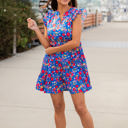 Medium Blue Red Floral Floral V-neck Tiered Babydoll Dress