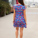 XL Blue Red Floral Floral V-neck Tiered Babydoll Dress