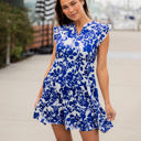 Medium Blue White Floral Floral V-neck Tiered Babydoll Dress