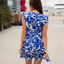 Medium Blue White Floral Floral V-neck Tiered Babydoll Dress