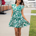 XL Green Floral V-neck Tiered Babydoll Dress