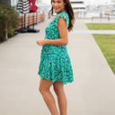 Medium Green Blue Floral Floral V-neck Tiered Babydoll Dress