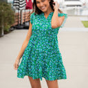 Small Green Blue Floral Floral V-neck Tiered Babydoll Dress