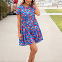 Medium Blue Red Floral Floral Tiered Babydoll Dress