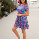 Medium Blue Red Floral Floral Tiered Babydoll Dress