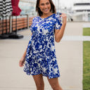 Medium Blue White Floral Floral Tiered Babydoll Dress