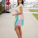 Medium Yellow Green Pink Blue Pastel Striped Tiered Babydoll Dress