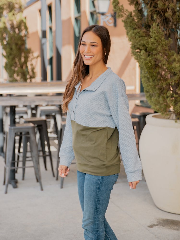 Two Tone Quilted Button Pullover