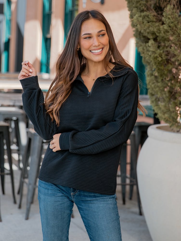 Ribbed Texture Quarter Zip Pullover