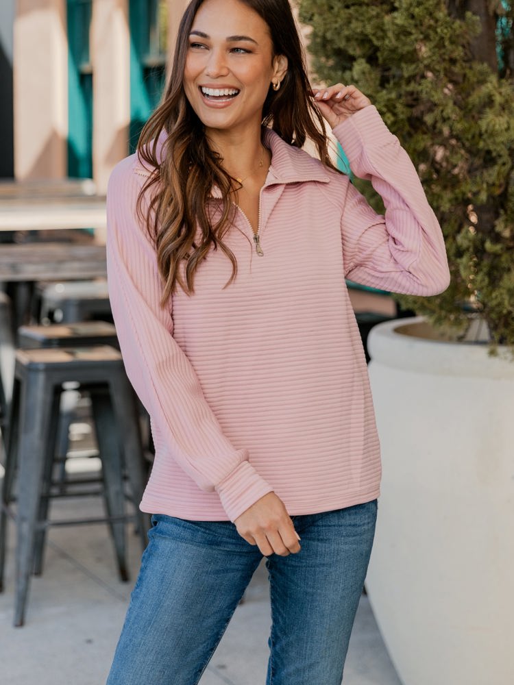 Ribbed Texture Quarter Zip Pullover