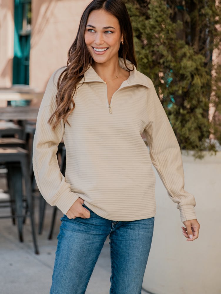 Ribbed Texture Quarter Zip Pullover