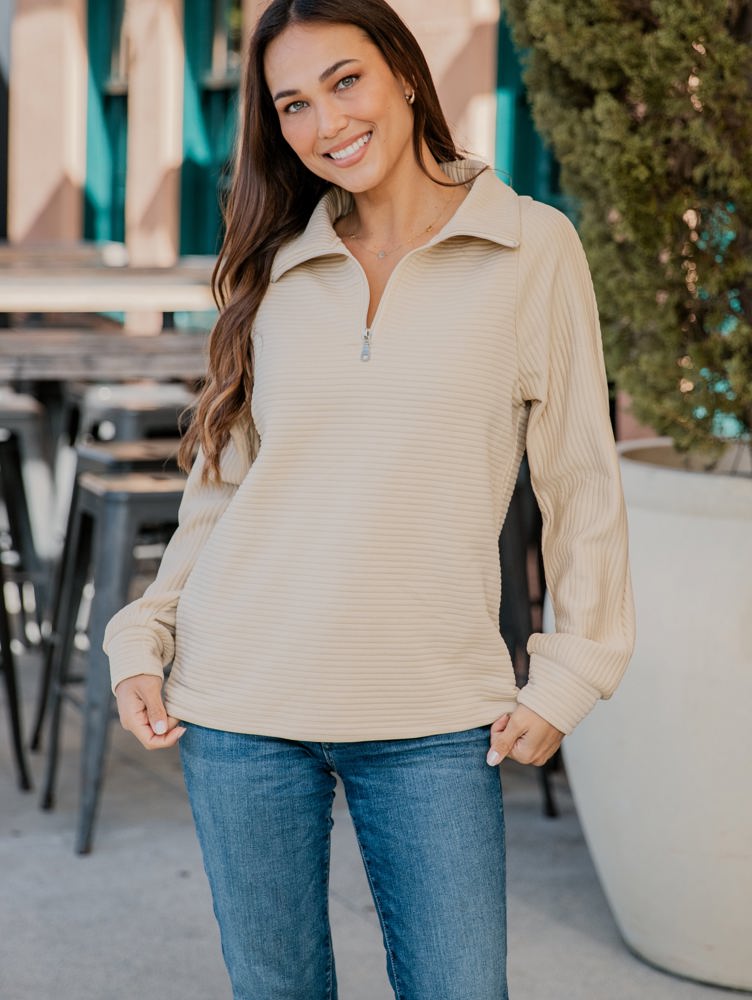 Ribbed Texture Quarter Zip Pullover