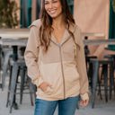 Tan Large Contrast Quilted Zip Up Hoodie