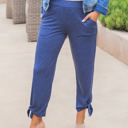 Large Navy Solid Ankle Tie Brie Pants