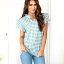 Medium Blue Ruffle Sleeve Gingham Top