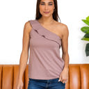 Medium Mocha Ruffle One Shoulder Tank Top