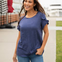 Large Navy Ruffle Detail Short Sleeve Top