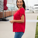 Large Red Ruffle Detail Short Sleeve Top