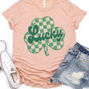 Small Peach Lucky Checkered Clover Graphic Tee - St. Patricks Day