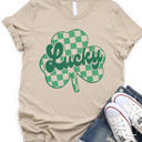 Large Tan Lucky Checkered Clover Graphic Tee - St. Patricks Day