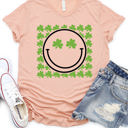 Small Peach Clover Smiley Face Graphic Tee - St. Patricks Day